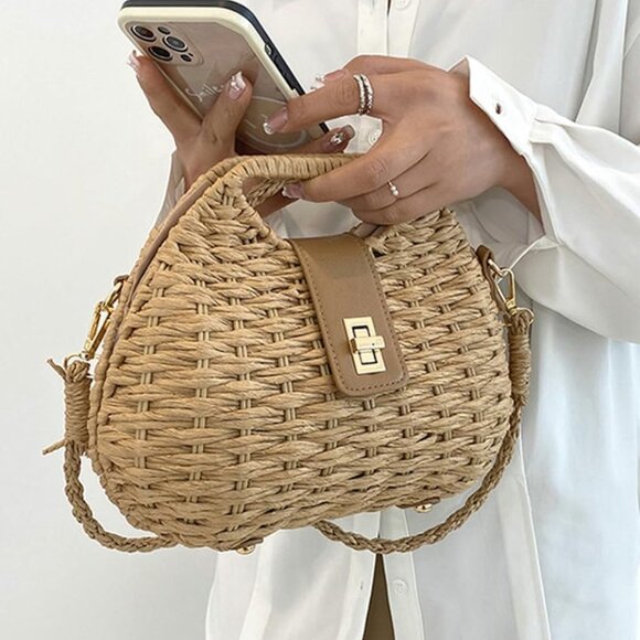 Straw Woven Beach Bag Dumpling Shape Crossbody Shoulder Purse for Women - Picture 6 of 7